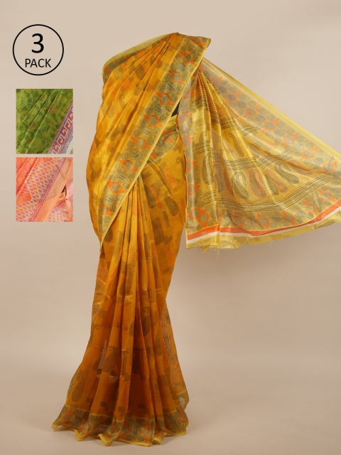 

Pothys Pack of 3 Ethnic Motifs Jute Silk Sarees, Yellow