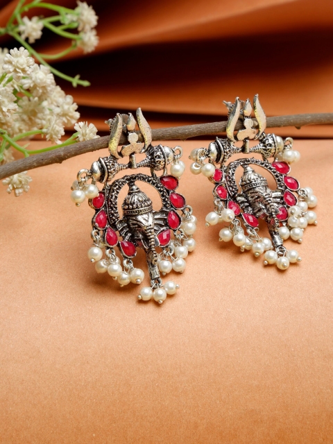 

NEUDIS Women Silver-Toned & Red Contemporary Ganesha Design Oxidised Drop Earrings