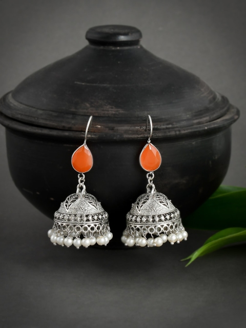 

Silvermerc Designs Women Silver-Toned & Orange Dome Shaped Oxidised Jhumkas Earrings
