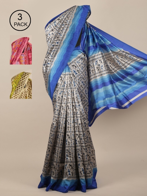 

Pothys Grey & Green Pack of 3 Ethnic Motifs Jute Silk Saree