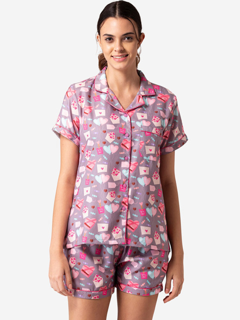 

Bellofox Women Grey & Pink Printed Night suit