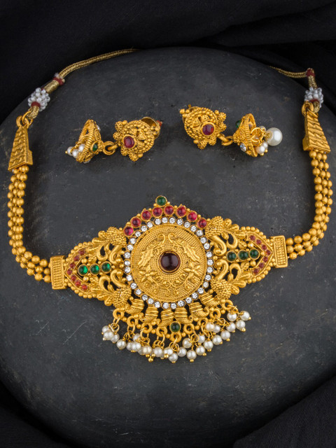 

Alankruthi Gold-Plated Magenta Pink & White Stone-Studded Beaded Temple Jewellery Set