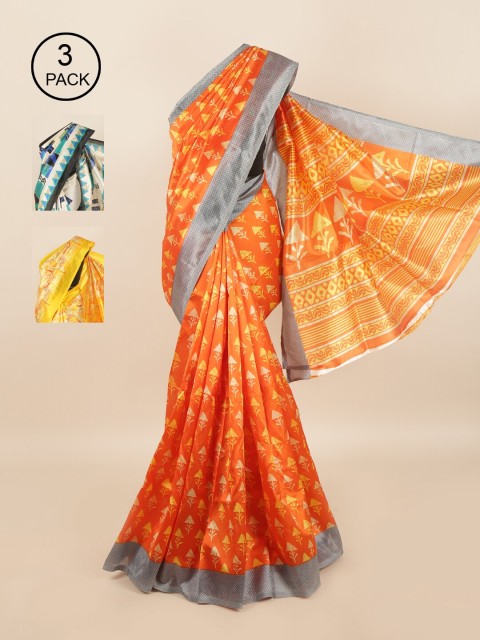 

Pothys Pack of 3 Ethnic Motifs Jute Silk Sarees, Orange