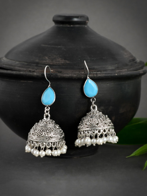 

Silvermerc Designs Silver-Toned Dome Shaped Jhumkas Earrings
