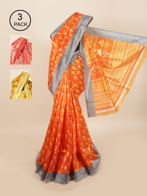 

Pothys Pack of 3 Ethnic Motifs Jute Silk Sarees, Orange