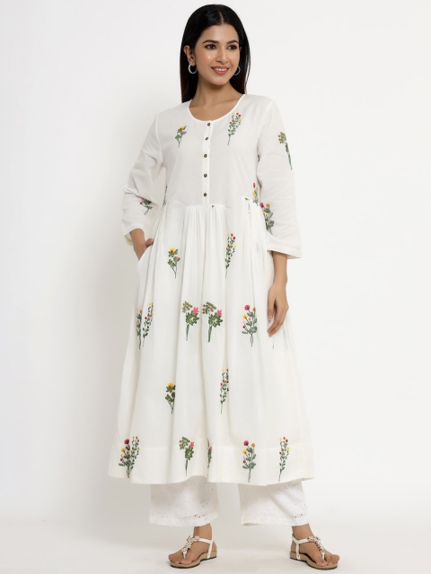 

VRISA Women Off White Floral Striped Cold-Shoulder Sleeves Gotta Patti Anarkali Kurta