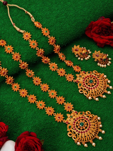 

aadita Gold-Plated Green Pearls-Studded Temple Jewellery Set