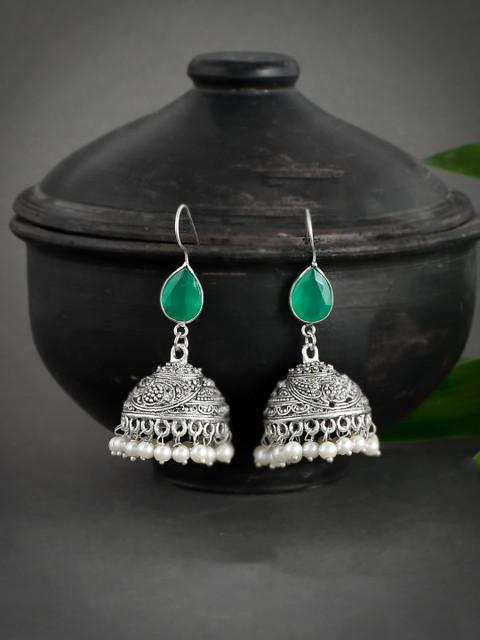 

Silvermerc Designs Women Silver-Toned & Green Dome Shaped Oxidised Jhumkas Earrings