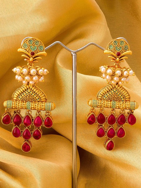 

aadita Gold-Toned & Green Contemporary Drop Earrings