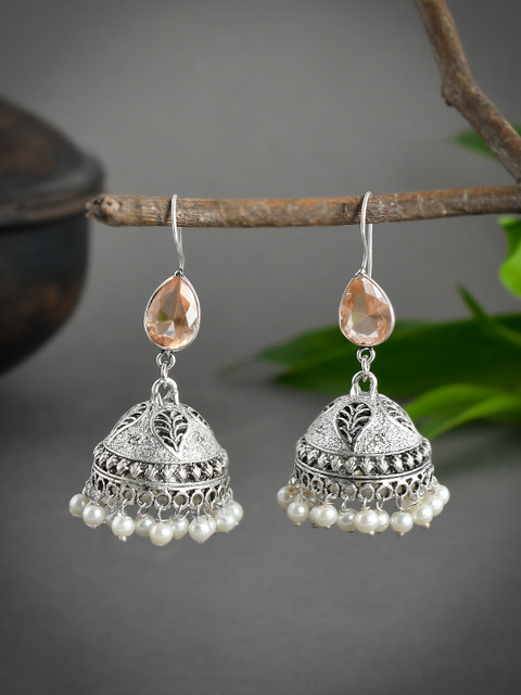 

Silvermerc Designs Silver-Toned Dome Shaped Jhumkas Earrings