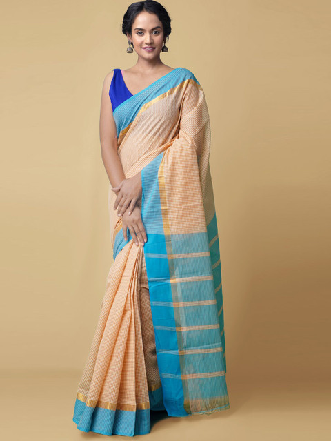 

Unnati Silks Women Brown & Blue Pure Mangalagiri Cotton Saree