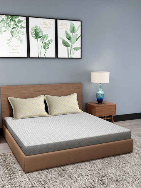 

Trident White & Yellow Geometric 144 TC Queen Bedsheet with 2 Pillow Covers