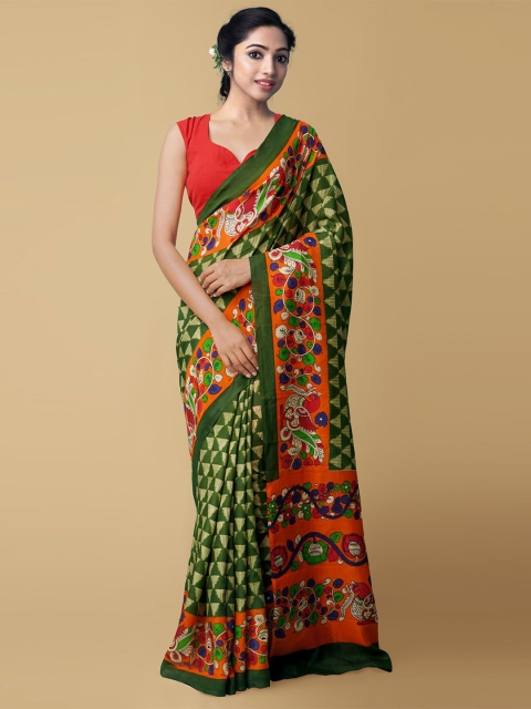 

Unnati Silks Green Silk Blend Pochampally Saree
