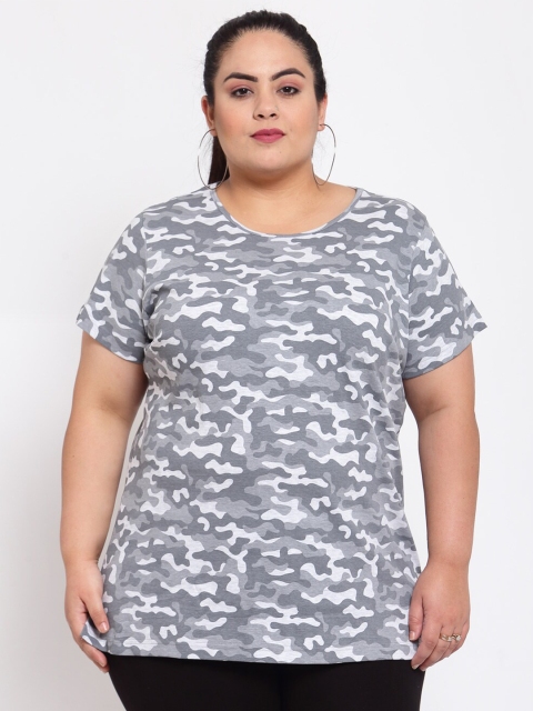 

plusS Women Grey & White Camouflage Printed T-shirt