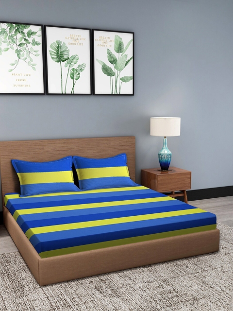 

Trident Blue & Green Striped 144 TC Queen Bedsheet with 2 Pillow Covers