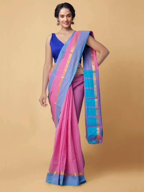 

Unnati Silks Pink & Blue Checked Zari Pure Cotton Mangalagiri Saree