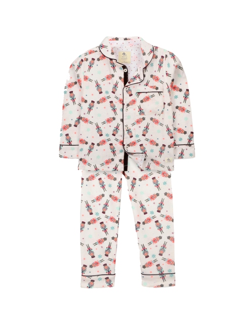 

Cherry Crumble Unisex Kids Off White & Pink Printed Night suit