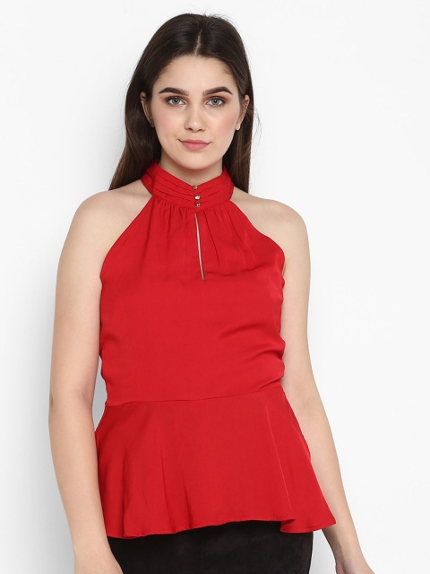 

FOSH Red Halter Neck Satin Peplum Top