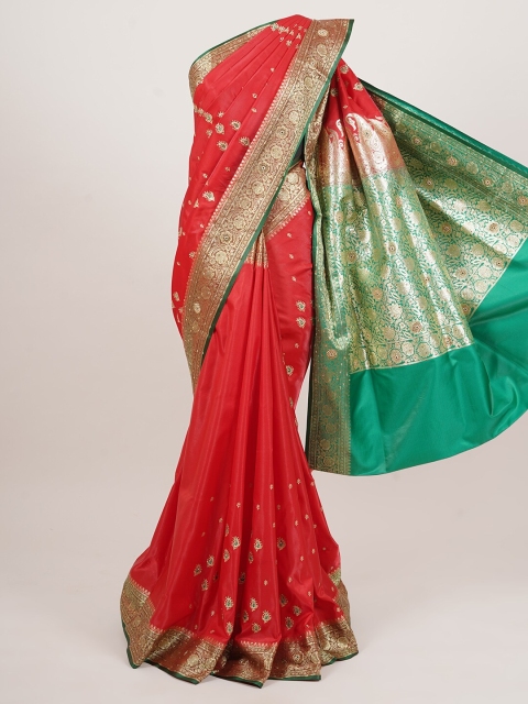

Pothys Red & Green Ethnic Motifs Sequinned Art Silk Banarasi Saree