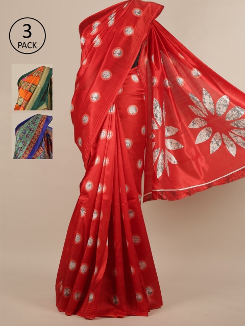 

Pothys Pack of 3 Ethnic Motifs Jute Silk Sarees, Red