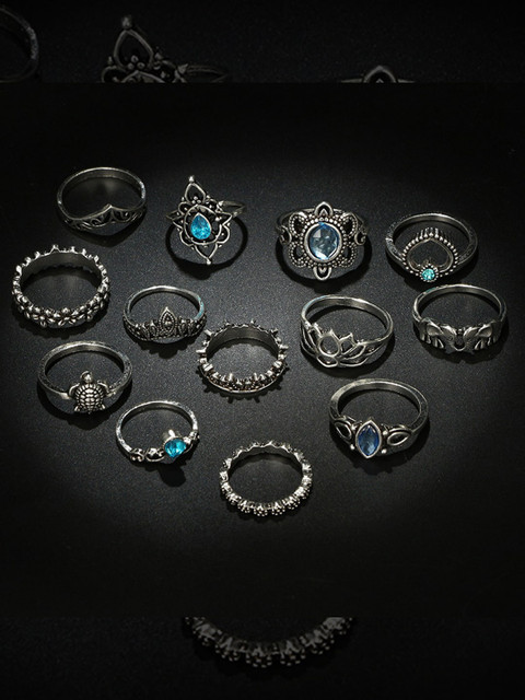 

YoungWildFree Set Of 13 Silver-Plated & Blue Stone-Studded Luxury Charms Pretty Design Finger Rings