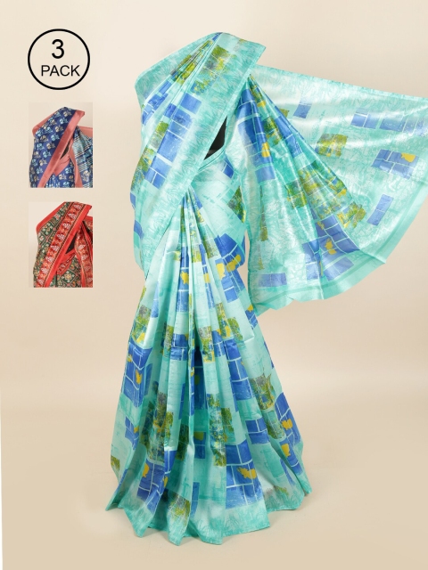 

Pothys Pack of 3 Ethnic Motifs Jute Silk Sarees, Blue