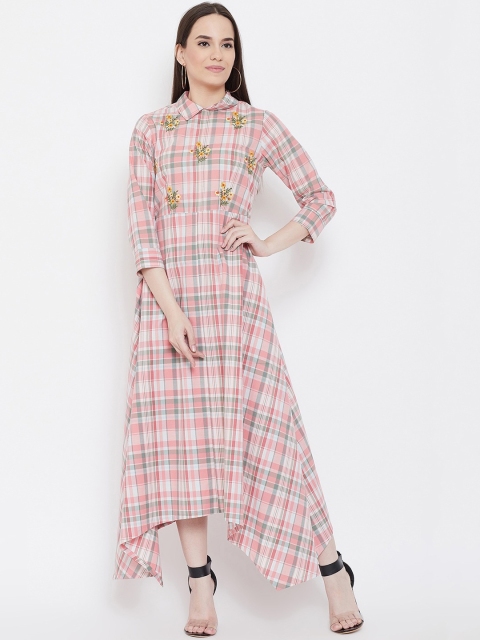 

Be Indi Women Pink Checked & Embroidered A-Line Maxi Dress