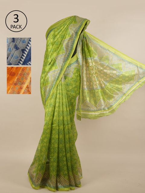 

Pothys Pack of 3 Ethnic Motifs Jute Silk Sarees, Green