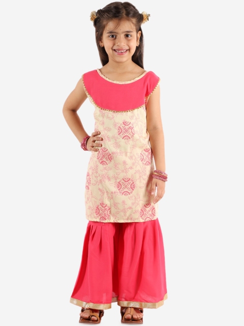 

Chipbeys Girls Beige Floral High Slit Pure Cotton Kurti with Skirt