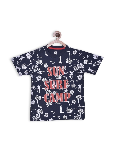 

612 league Boys Navy Blue & Peach-Coloured Printed T-shirt
