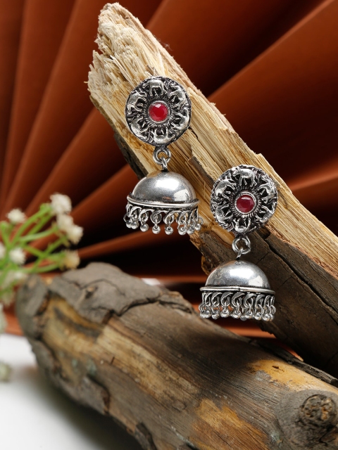 NEUDIS Women Silver-Toned & Red Stone Studded Dome Shaped Jhumka Earring