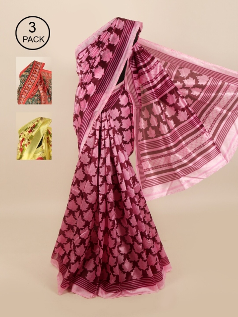 

Pothys Pack of 3 Ethnic Motifs Jute Silk Sarees, Pink