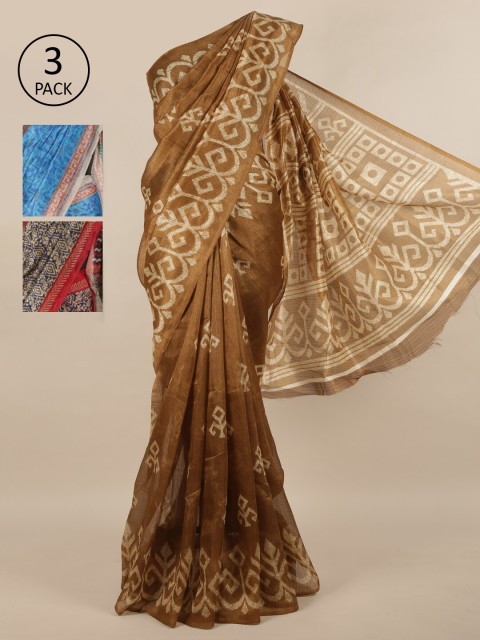 

Pothys Pack of 3 Ethnic Motifs Jute Silk Sarees, Brown