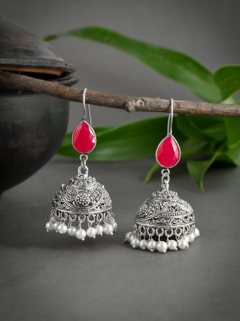

Silvermerc Designs Silver-Toned Dome Shaped Jhumkas Earrings