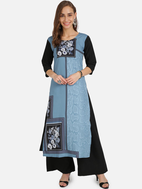 

SAADHVI Women Blue & Black Floral Printed Crepe Kurta
