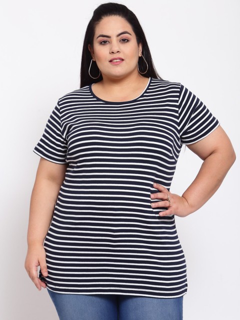 

plusS Women Navy Blue Striped Drop-Shoulder Sleeves T-shirt