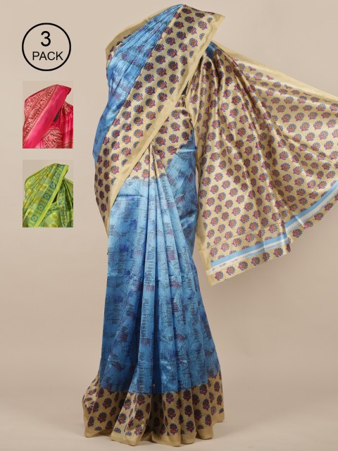 

Pothys Blue & Pink Pack of 3 Ethnic Motifs Jute Silk Saree