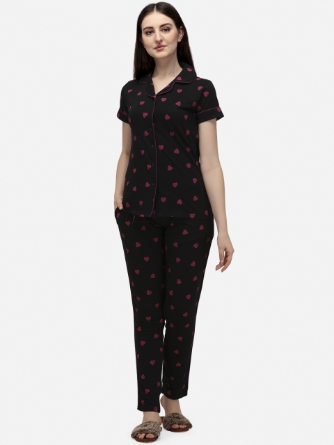 

Lenissa Women Black & Magenta Heart Printed Pyjama Set