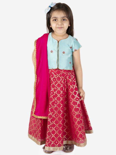 

Lil Peacock Girls Turquoise Blue & Pink Embroidered Foil Print Ready to Wear Lehenga & Blouse With Dupatta