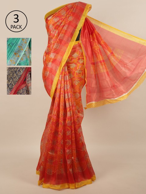 

Pothys Pack of 3 Ethnic Motifs Jute Silk Sarees, Orange