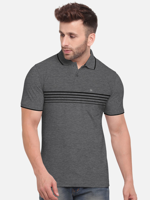 

BULLMER Men Charcoal Striped Polo Collar T-shirt