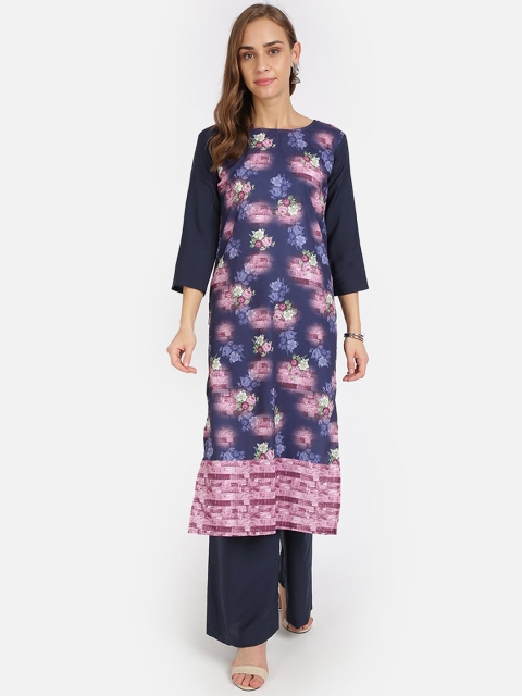 

SAADHVI Women Navy Blue Floral Printed Crepe Kurta