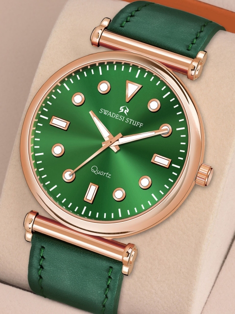 SWADESI STUFF Green Embellished Dial & Green Leather Straps Analogue Watch FOX 552