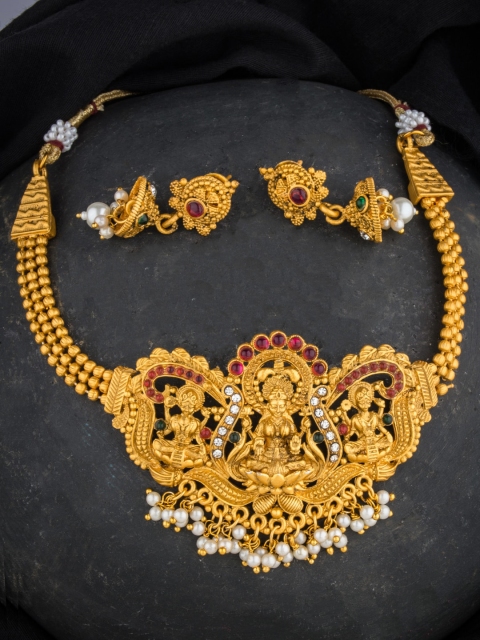 

Alankruthi Gold-Plated Green & Pink Stone-Studded & Beaded Jewellery Set