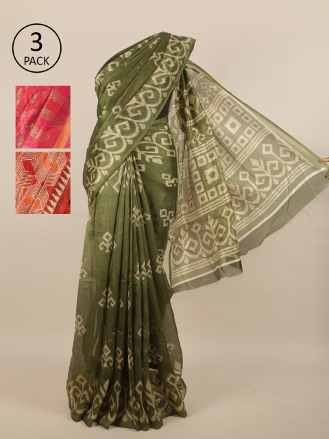 

Pothys Pack of 3 Ethnic Motifs Jute Silk Sarees, Green
