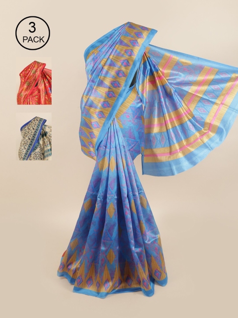 

Pothys Pack of 3 Ethnic Motifs Jute Silk Sarees, Blue
