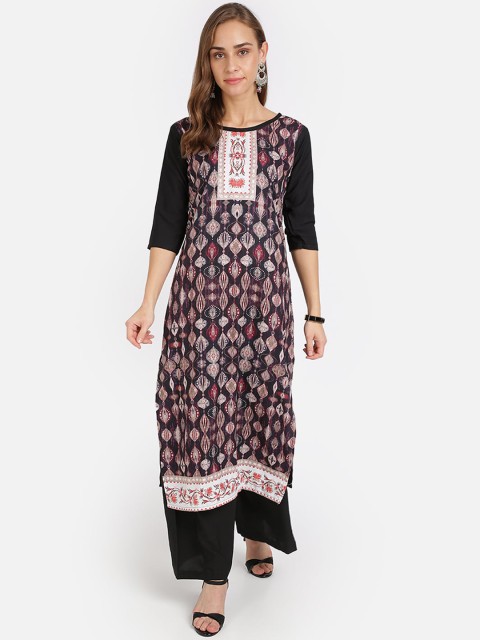 

SAADHVI Women Black Ethnic Motifs Printed Crepe Straight Kurta