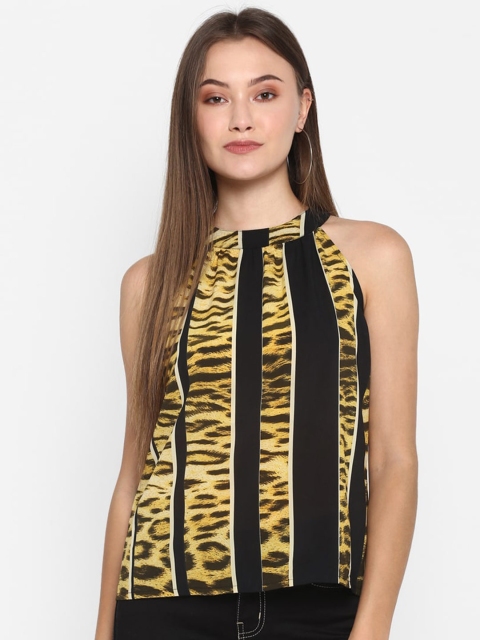 

FOSH Women Yellow & Black Animal Halter Neck Chiffon Regular Top
