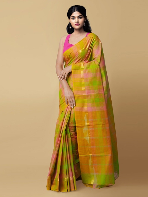 

Unnati Silks Green & Yellow Checked Zari Pure Cotton Mangalagiri Saree