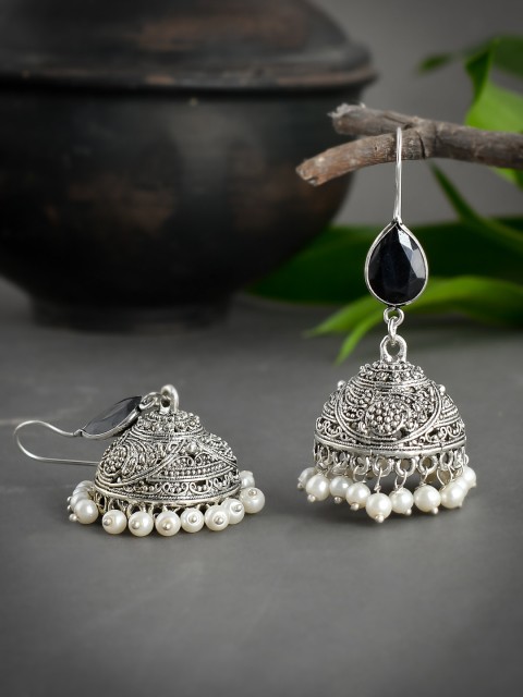 

Silvermerc Designs Women Black Silver-Toned Oxidized Jhumka Earrings